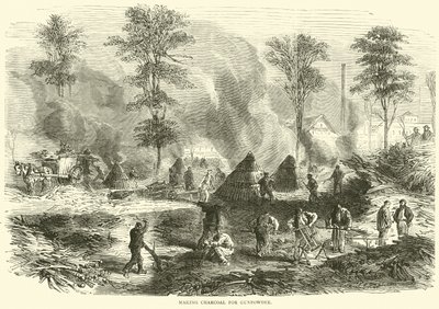 Fremstilling af trækul til krudt, oktober 1870 af English School
