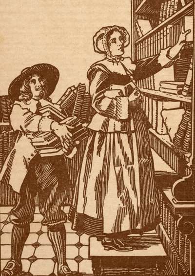 Mandlige og kvindelige boghandlere arbejder i en boghandel fra det 17. århundrede (litografi) af English School
