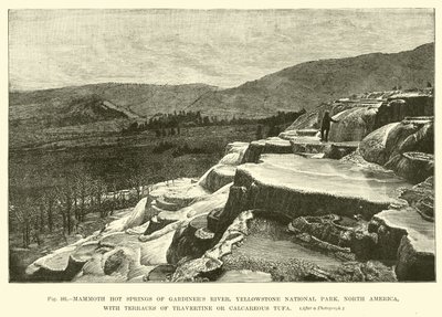 Mammoth hot springs of Gardiners River, Yellowstone National Park, North America, with terraces of Travertine or Calcareous Tufa  af English School