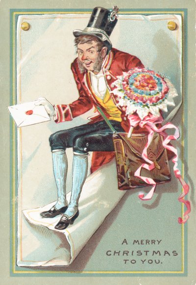 Mand leverer brev og blomster, julekort af English School