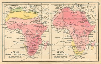 Kort: Afrika, januar-temperatur, juli-temperatur (farvelitografi) af English School