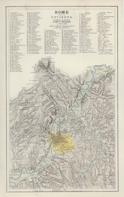 Kort: Rom med omegn, ifølge undersøgelsen af baron Moltke, i 1845 og 1846, tegnet af Augustus Petermann (farve litho) af English School