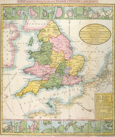 Kort over Storbritannien, der illustrerer den truede invasion af Napoleon Bonaparte (1769-1821) 1803 (farve litho) af English School