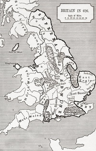 Kort over Storbritannien i 626, fra The Northumbrian Kingdom 588 til 685 i 