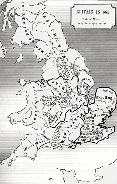 Kort over Storbritannien i 665, fra The Northumbrian Kingdom 588 til 685 i 