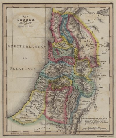 Kort over Kanaan i Det Hellige Land til generelle formål (farvet indgravering) af English School