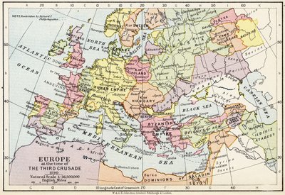 Kort over Europa på tidspunktet for det tredje korstog, 1190, fra 