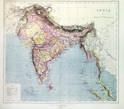 Kort over Indien, udgivet under ledelse af oberst H.R. Thuillier, R.E., Surveyor General of India, 1877 af English School