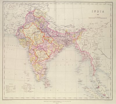 Kort over Indien, udgivet under ledelse af oberst H.R. Thuillier, R.E., Surveyor General of India, 1882 af English School