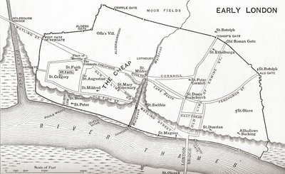 Kort over London i det 11. århundrede, fra "A Short History of the English People" af J. R. Green, udgivet i 1893 af English School