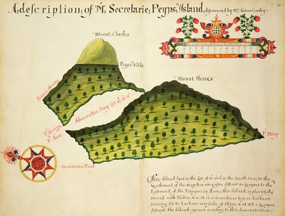 Kort over Secretaire- og Pepys-øerne i Magellan-strædet, ca. 1628 (pen, blæk og akvarel på papir) af English School