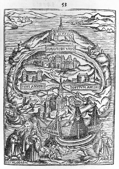 Kort over øen Utopia, bogfrontispice, 1563 af English School