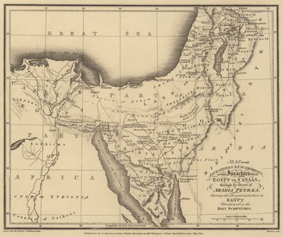 Kort over israelitternes rejser og lejre fra Egypten til Kanaan, gennem ørkenen (gravering) af English School