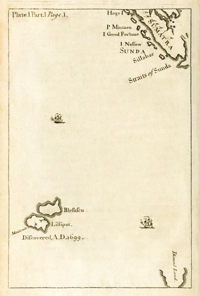 Kort, der viser placeringen af Lilliput fra første udgave af Travels into Several Remote Nations of the World bedre kendt som Gullivers Travels af Jonathan Swift af English School