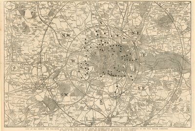 Kort, der viser betalingsportene og de vigtigste barer inden for 6 miles fra Charing Cross, udstillet for Lord Palmerston af Toll Reform Committee af English School