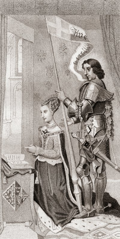 Margaret af Danmark med Skt. Knud, Danmarks protektor, bag sig med et banner, der viser korstogenes kors. Margaret af Danmark af English School