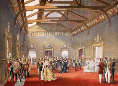 Marshalling af Brudens procession i den centrale hal i de midlertidige lejligheder, fra A Memorial of the Marriage of Edward VII and Alexandra of Denmark, pub. 1864 af English School