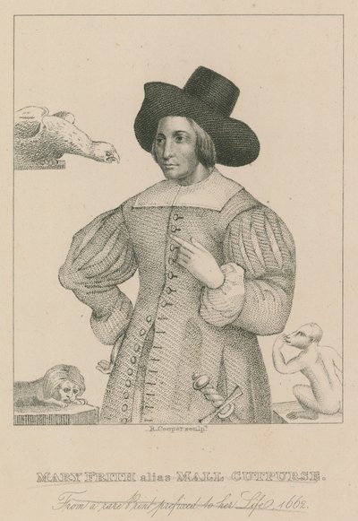 Mary Frith, alias Moll Curpurse, fra et sjældent tryk med præfikset til hendes liv, 1662 af English School