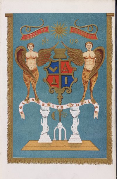 Frimurerloge-emblem, der viser våbenskjold med engle af English School