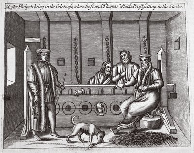 Master Philpots var i Colehouse, hvor han fandt Thomas Whittle, præst, siddende i aktierne, illustration fra Acts and Monuments af John Foxe, niende udgave, pub. 1684 af English School
