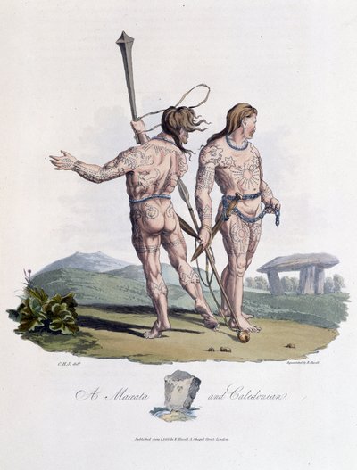 Maxata og kaledonsk med malet krop - i "" keltere og gotere, skikke hos indbyggerne på de britiske øer i det tidlige 6. århundrede og de gotiske nationer på Østersøens vestkyst", af S.R. Meyrick og Ch. Smith af English School