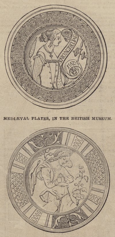 Middelalderplader, i British Museum (gravering) af English School