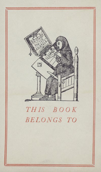 Middelalderskribent arbejder på et manuskript, bogejerskabsetiket (farve litho) af English School