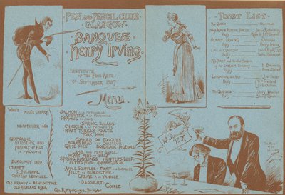 Menu til en banket til ære for Henry Irving, Pen and Pencil Club, Glasgow, 15. september 1887 af English School