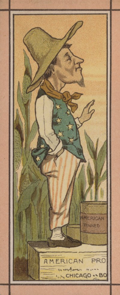 Illustration af menu: Amerikansk dåsemad (farvelitografi) af English School
