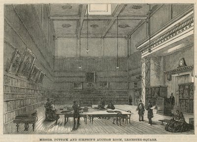 Mrs Puttick og Simpsons auktionslokale, Leicester Square, London af English School