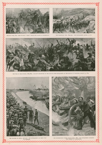 Militære aktioner, der involverer britiske søfolk under dronning Victorias regeringstid: Zulu-krigen, Boerkrigen, Mahdist-oprøret i Sudan, Boxer-oprøret og den anglo-ægyptiske krig (fotogravure) af English School