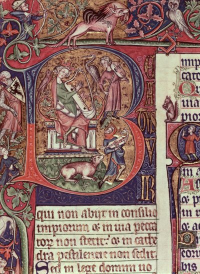 Mms 9961-2 Historiated Initial B fra Peterborough Psalter, der viser kong David, der spiller på harpe, engelsk, (ca. 1310-20) af English School