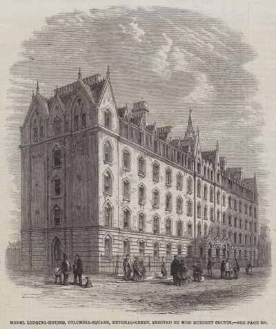 Model Lodging-Houses, Columbia-Square, Bethnal-Green, opført af Miss Burdett Coutts (gravering) af English School
