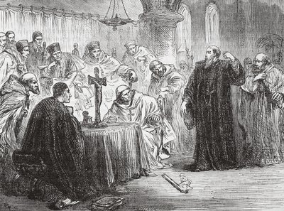 Mollio kaster sin fakkel ned før inkvisitionen, illustration fra The History of Protestantism af James Aitken Wylie (1808-1890), pub. 1878 af English School