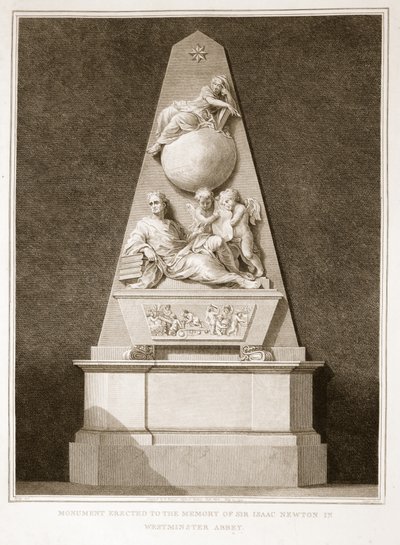 Monument rejst til minde om Sir Isaac Newton i Westminster Abbey, illustration fra David Humes The History of England, pub. af R. Bowyer, London, 1812 af English School