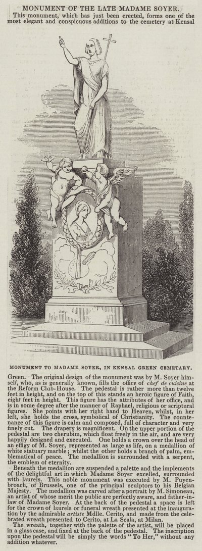 Monument til Madame Soyer på Kensal Green Cemetery (gravering) af English School
