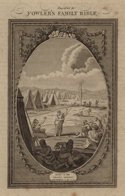 Moses and the Brazen Serpent, Numbers, Kapitel 21, Vers 9 (gravering) af English School