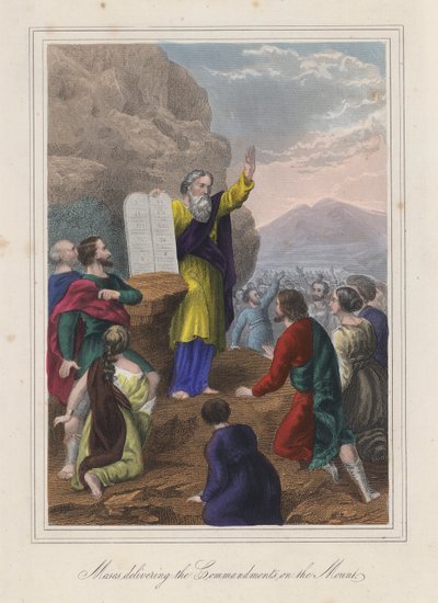 Moses uddeler de ti bud (koloreret gravering) af English School