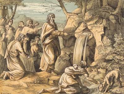 Moses slår klippen (farvet indgravering) af English School