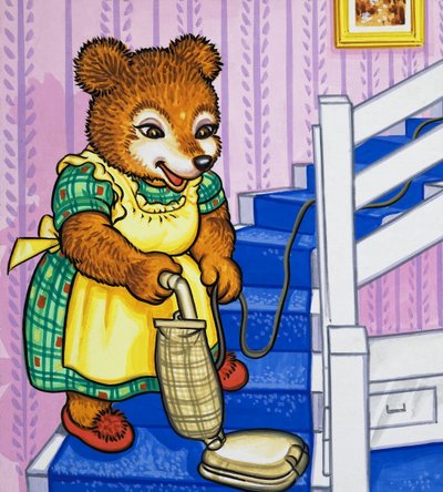 Mor bjørn svæver op ad trappen af English School