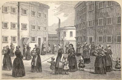 Mødre, med deres børn, træner i Tothill Fields Prison, illustration fra The Criminal Prisons of London og Scenes from Prison Life af Henry Mayhew og John Binny, pub. 1862 af English School