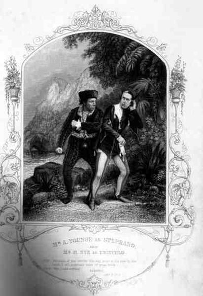 Mr A. Younge som Stephano og Mr N. Hye som Trinculo, akt III Scene 2, i The Tempest, af William Shakespeare (1564-1616) gravering af G. Greatbach fra en daguerreotypi af J.P. Mayall (1810-1901) (gravering) af English School