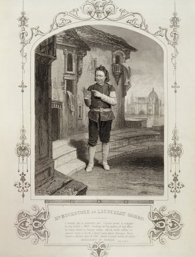 Mr Buckstone som Lancelot Gobbo, anden akt, scene 2, i The Merchant of Venice af William Shakespeare (1564-1616) af English School