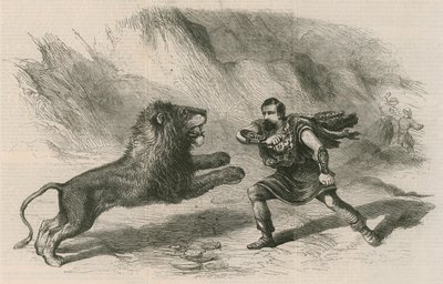 Hr. Crockett, løvetæmmeren, optræder med sine løver på Astleys Theatre, London af English School