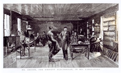 Mr Edison (1847-1931), den fremtrædende elektriker, i sit laboratorium af English School