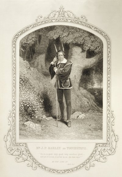 Mr J.P. Harley som Touchstone, Act V Scene 1, i As You Like it af William Shakespeare (1564-1616) indgraveret af George Hollis (1792-1842) fra en daguerreotypi af J.P. Mayall (1810-1901) af English School