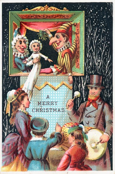 Mr Punch holder mistelten, julekort af English School