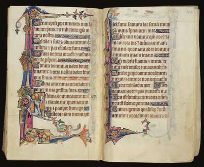 Ms 1-2005, ff.122v-123r: Grotesk randdekoration fra Macclesfield Psalter, Use of Sarum, East Anglia, c.1330 af English School