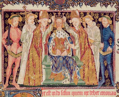 Ms 197 f.3r Kroning af en konge, fra Liber Regalis af English School