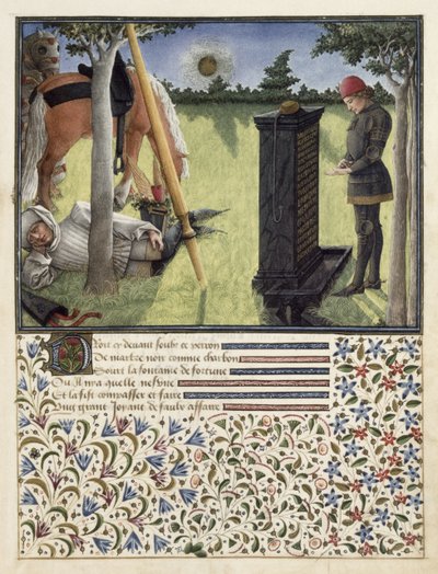 Ms. 2597 At Sunrise, Heart læser inskriptionen på Den Enchanted Fountain, faksimileudgave af Livre du Coeur dAmours Espris af Rene dAnjou af English School